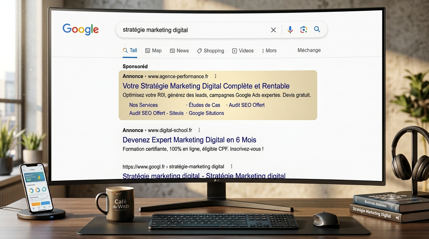 Illustration d'un ordinateur affichant des résultats sponsorisés Google Ads