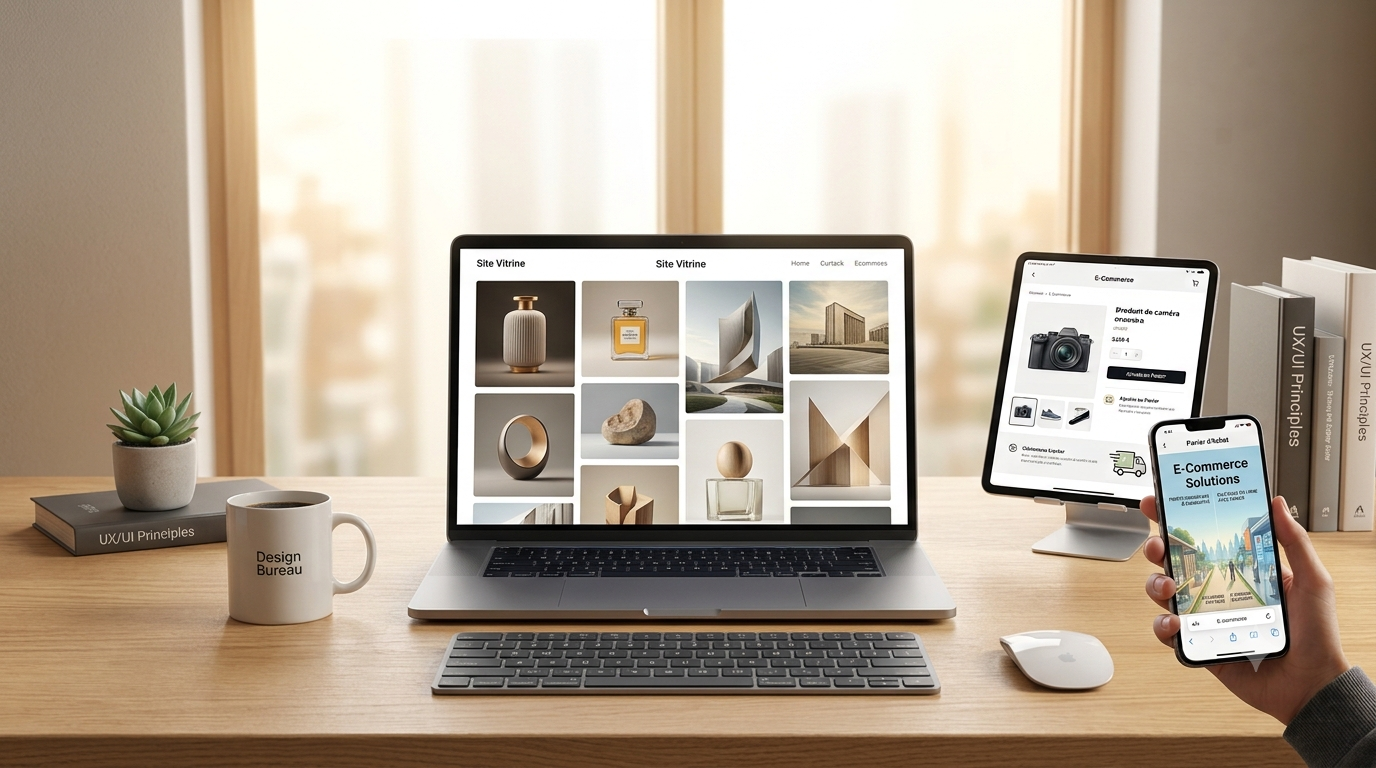Illustration d'un bureau avec un ordinateur portable et une tablette montratn un site vitrine et un site ecommerce.