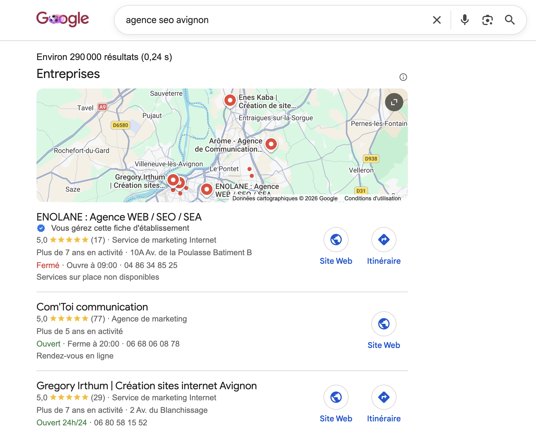 Capture d'écran du pack local Google pour la requête "Agence SEO Avignon"